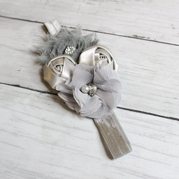 Handmade Baby Girl Elastic Headband Infant One Size Gray Satin Roses - Picture 2 of 3